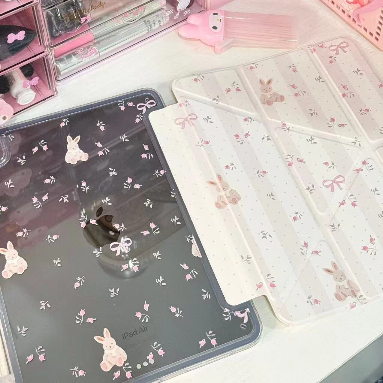 Rabbit Floral Fragments Pink Striped Y2K Cover For iPad Pro 13 11th M5 M4 12.9 A16 10 8 7 9th 10th Air 11 M2 M3 Mini Tablet Case