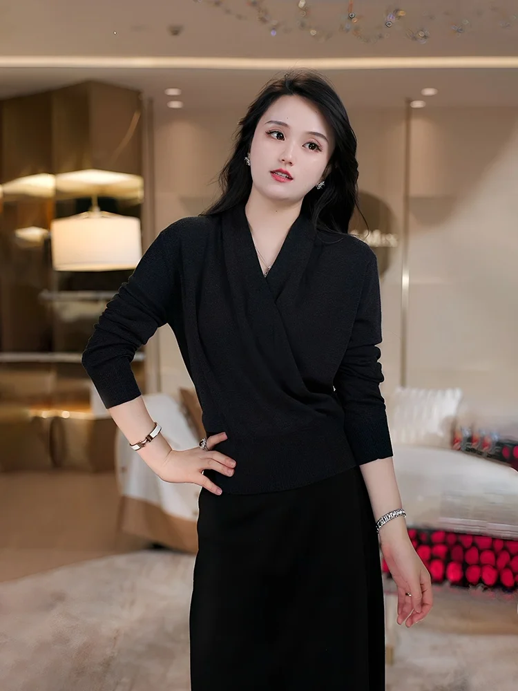 

Ele Cross V-Ne Knitted Woolen Base irt for Women Soft French Sle Long Sve Faionable Warm Color Top