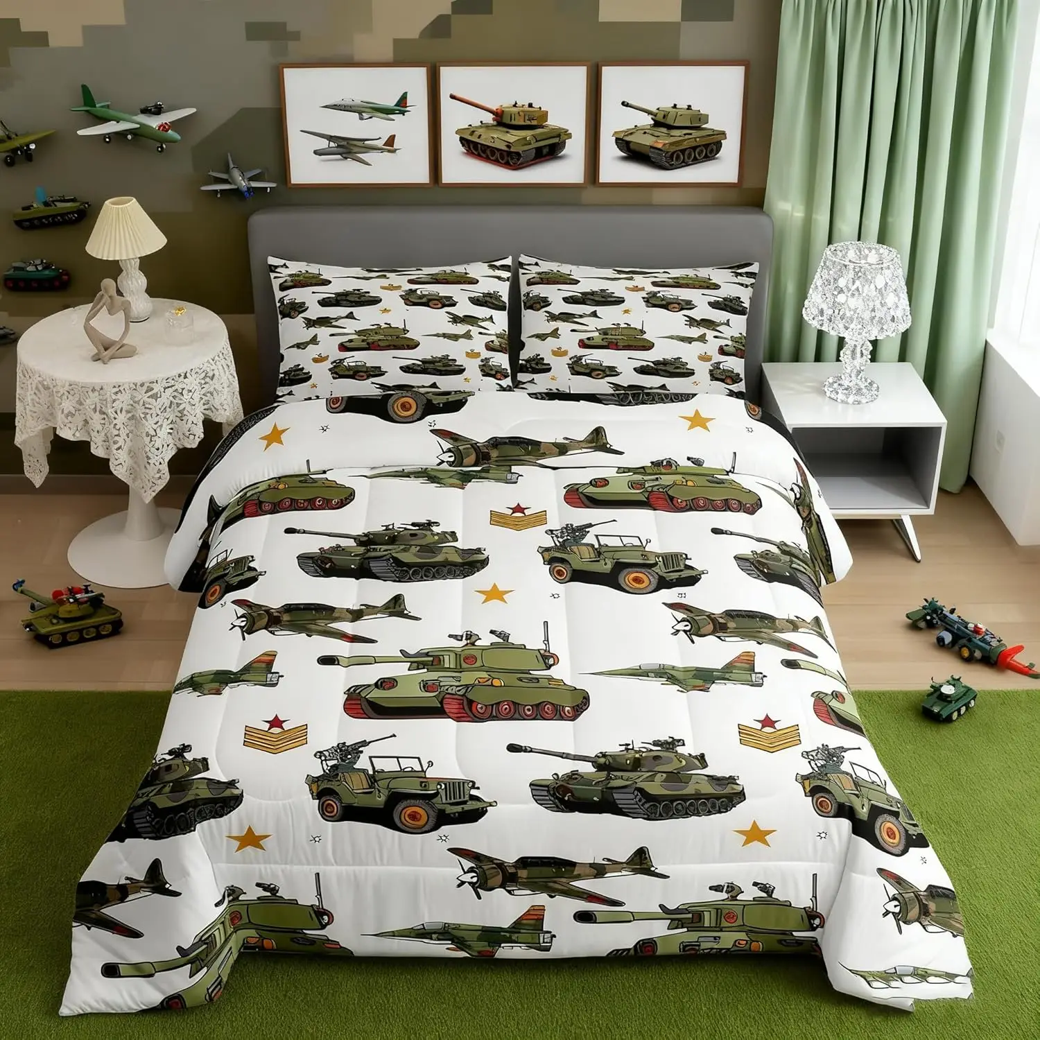 War Theme Set Full Size, Aircraft Tanks Bedding Set for Kids Boys Bedroom Decor, Retro Army Green Airplane Tanks Soft Polyester