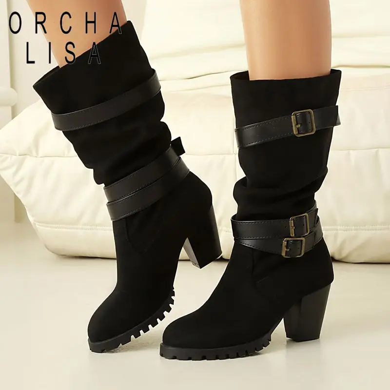 ORCHA LISA 2025 femme mi-mollet bottes bout rond bloc talons 6.5 cm sans lacet boucle de ceinture grande taille 45 46 47 48 mode rencontres Bota