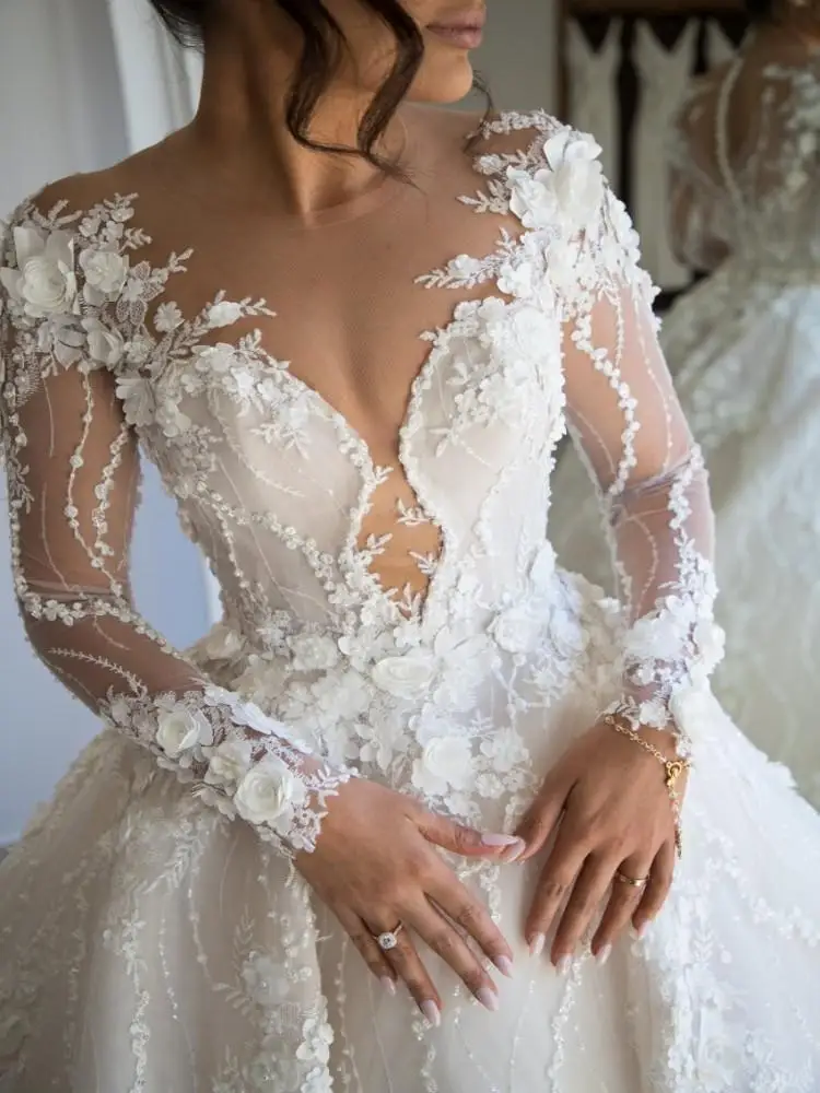 Su Zhu Abiti da sposa applicati in pizzo di lusso Abiti da sposa Fiori 3D Abiti da sposa a maniche lunghe in rilievo Abiti da sposa 2023