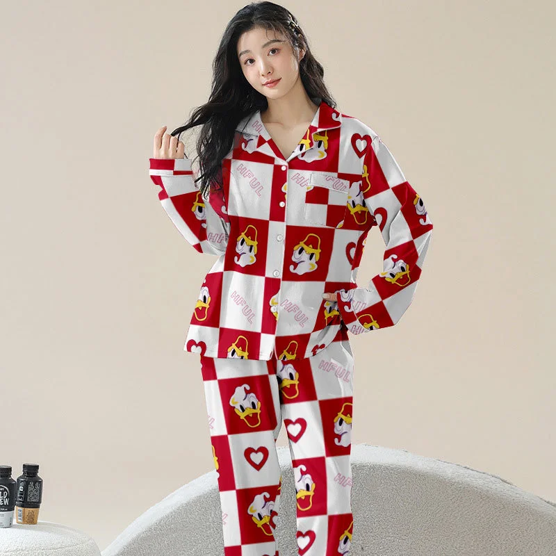 Disney Donald Duck cartoon spring and autumn pajamas women's thin long-sleeved trousers cute cardigan fashion loungewear suit