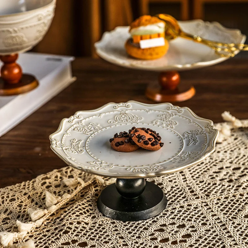 PYH Embossed Dessert Tray Ceramic Wooden Tall Fruit Tray Refreshments Snacks Storage Aromatherapy Shelf