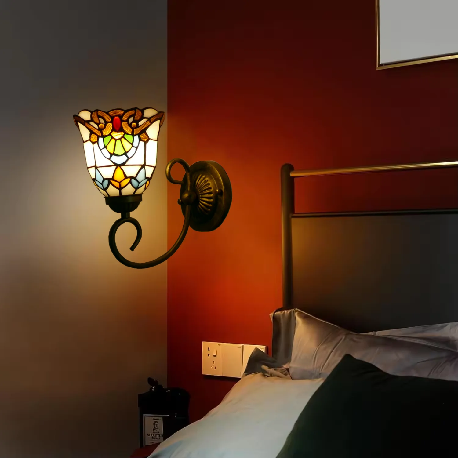 Luminária de Parede Artesanal de 8 Polegadas com Cúpula de Vidro Colorido e Fonte de Alimentação AC para Decoração Residencial