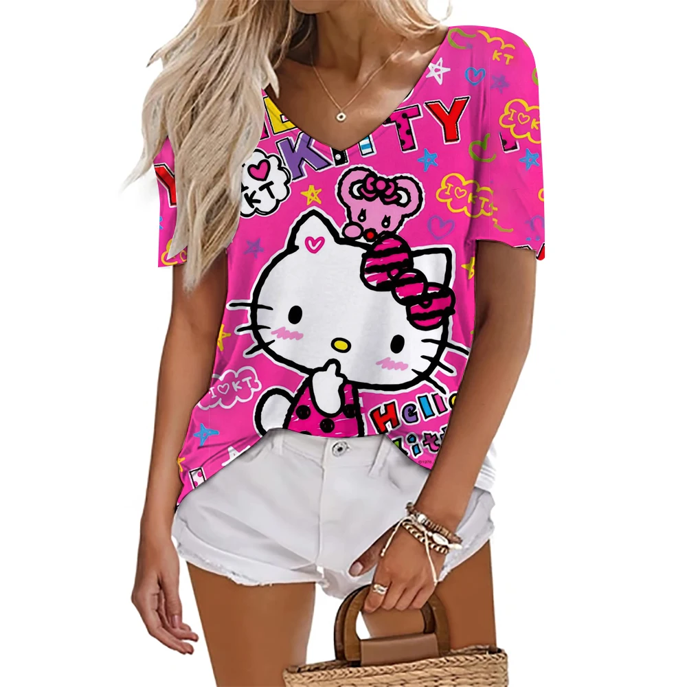 

Летняя женская элегантная футболка с v-образным вырезом и принтом «Hello Kitty» с v-образным вырезом и короткими рукавами, женская модная повседневная свободная футболка