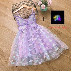 Fairy Girls 3D Butterfly Sling Mesh Dress 2024 Summer New Toddler Kids Cute Purple Big Wings Fluffy Princess Dress 3-8T