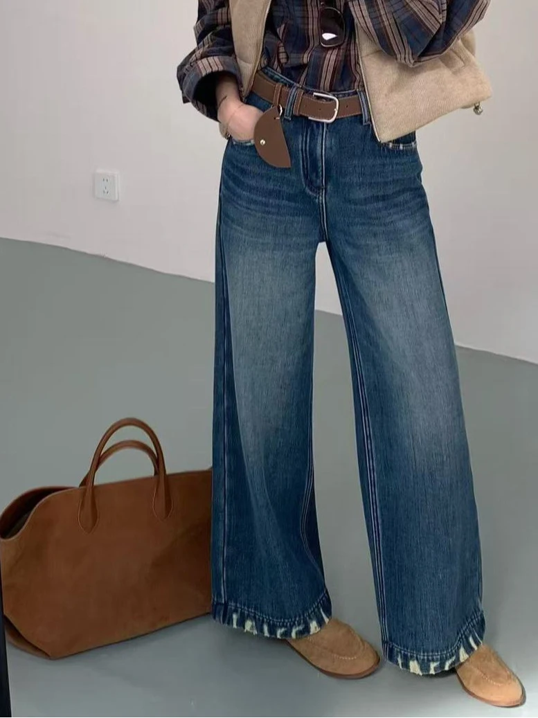 

Джинсы женские с высокой талией, свободные, широкие штанины, осенне-зимние, с начесом, с поясом, в корейском стиле, из хлопка