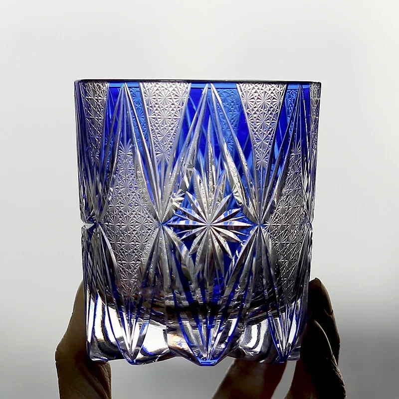240ml Hand Blown Blue Double Cased Crystal Glass Whiskey Tumbler Japanese Style Edo Kiriko Design Cold Drink Glass