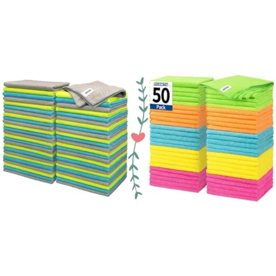 

16"X12"Microfiber Cleaning Cloth - Pack of 50 100 Pack Reusable Shop Towels with 5 Colors Green/Blue/Yellow/Orange/Pink 12"X12"