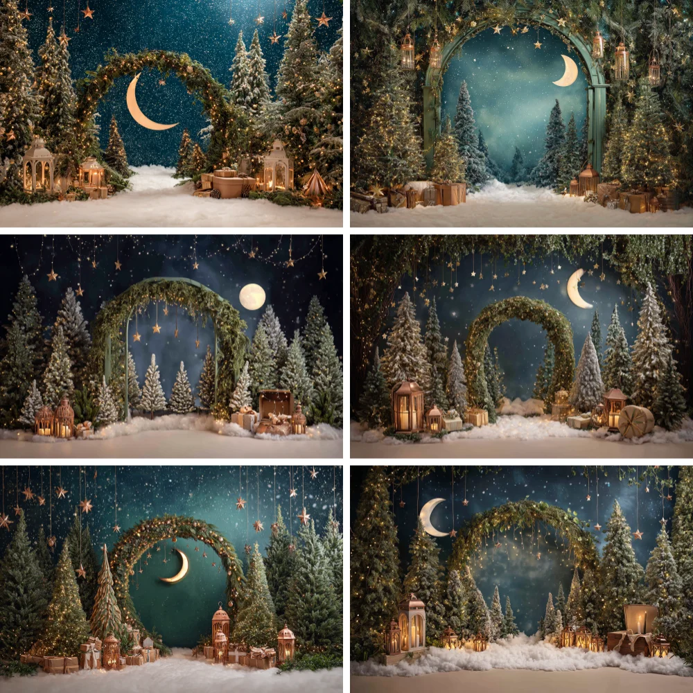 

Background Winter Christmas Moon Star Gift Forest Xmas Tree Kids Family Portrait Decor Backdrop Photo Studio