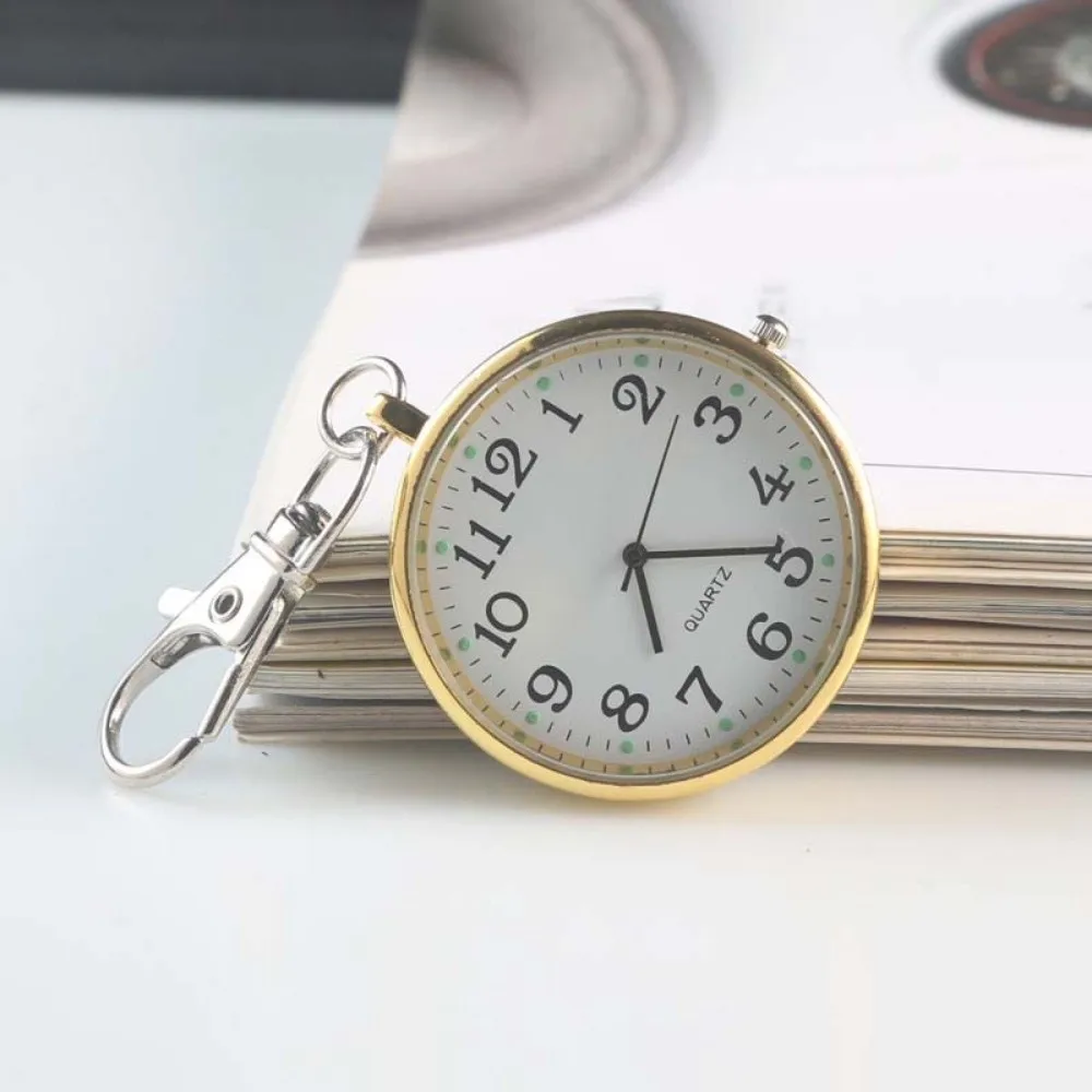 Glow in Dark Luminous Pocket Watch Big Numbers Quartz Movement Key Chain Fob Clock Metal Lightweight Minimalist Nurse Watch