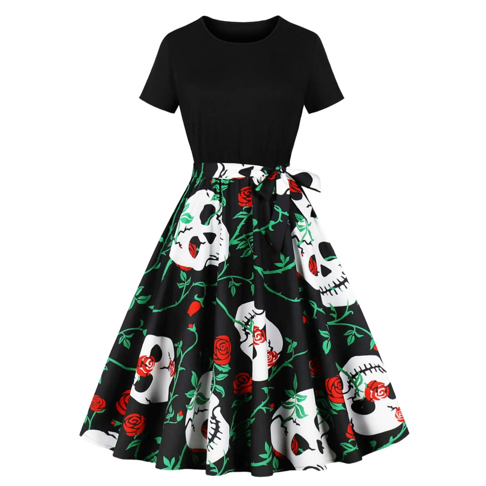 

Halloween Costume For Women Short Sleeve Round Neck Pumpkin Print Vintage A-line Dresses Cosplay Vestidos