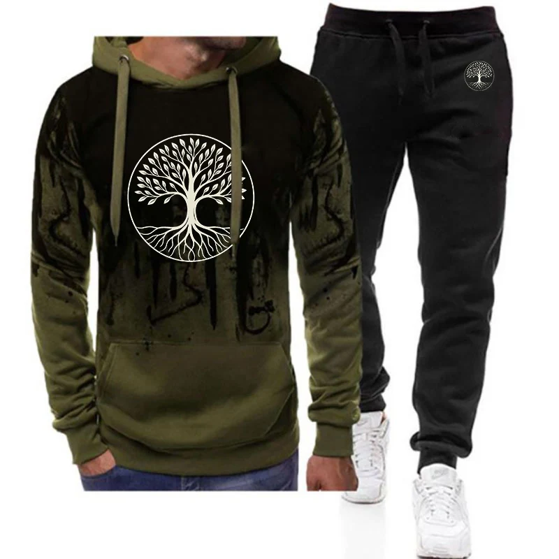 2026 Spring And Autumn Trees Pattern Print Men's New Gradient Color Set Fitness Hoodie + Casual Sweatpant Suit