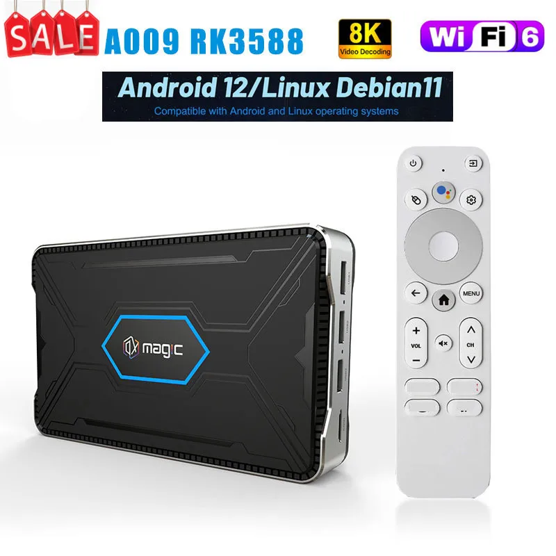 A009 Set Top Box Android 12.0/Linux debian11 support wifi6 Rockchip RK3588 BT5.0 Media Player Set Top Box