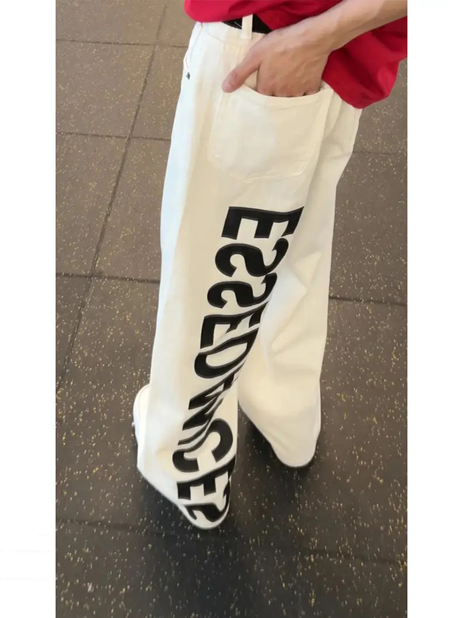 

American High Street Vibe Men's White Jeans Letter Print Micro Flared Loose Straight Leg Jeans Casual Youth Faion