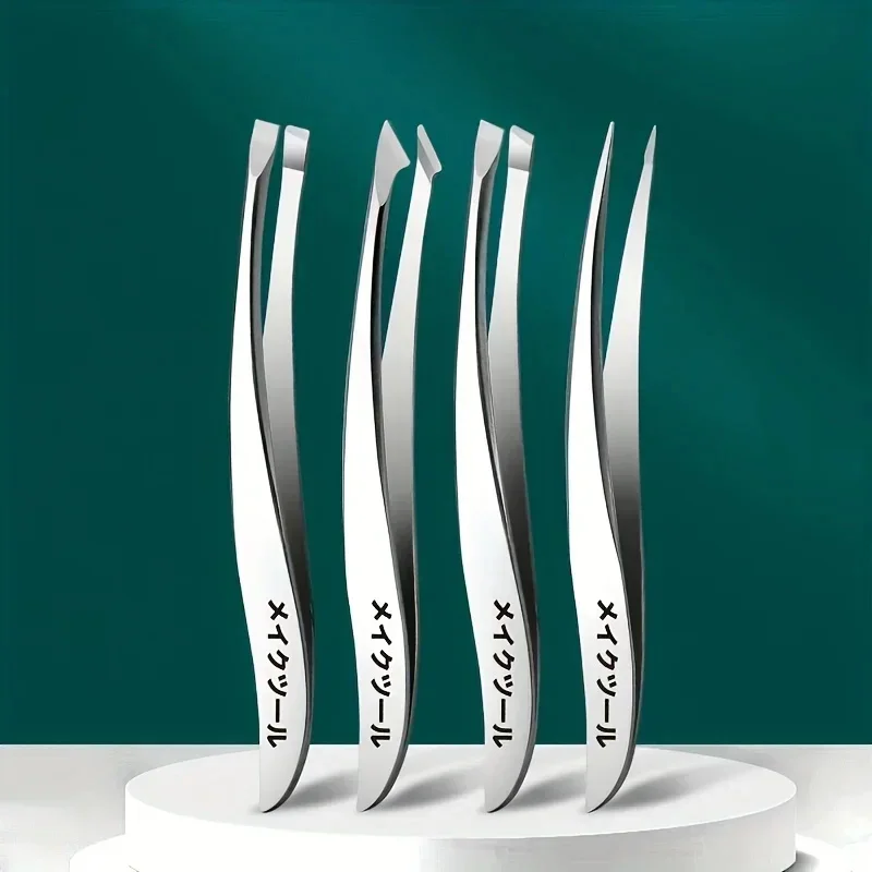 4pcs Stainless Steel Tweezers Set, Eyebrow, Nose & Face Hair Removal Tools, Fragrance-Free, Beauty Care Accessories