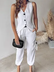 Fashion White Striped Print Two Piece Sets Spring Summer Women's V-neck Button Sleeveless Vest Top & Cropped Pants Casual Suit