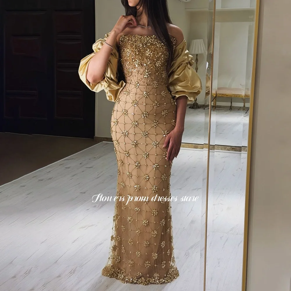 Flowers Champagne Prom Dress with Crystal Stones Party Dress with Pleats Off Shoulder Gala Dress فساتين مناسبة رسمية Customized