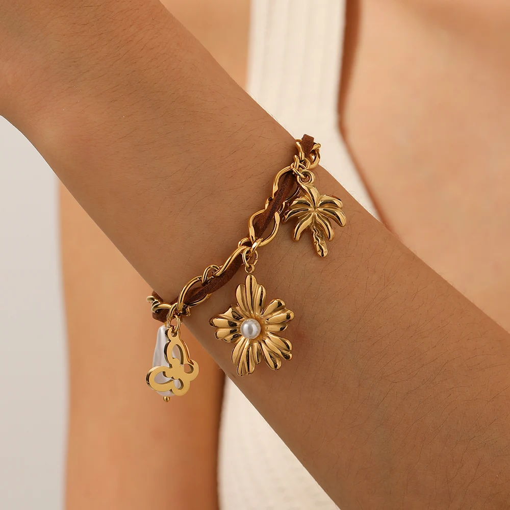 LAMENGLY 316L الفولاذ المقاوم للصدأ اللؤلؤ البطانة شجرة ورد فراشة طبقة مزدوجة سوار المرأة 18 كيلو مطلية بالذهب مجوهرات مقاومة للماء #2