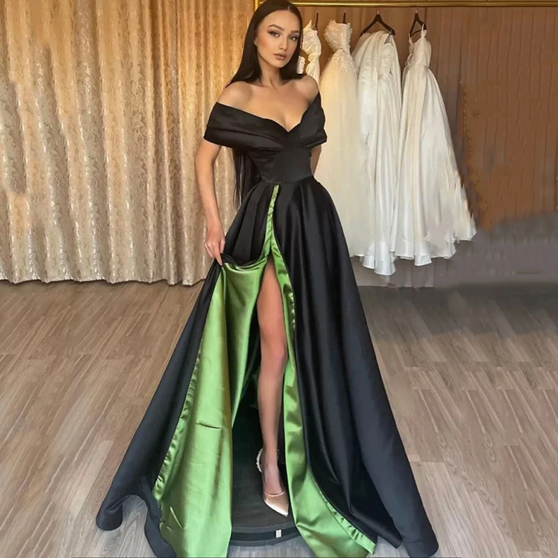 

Elegant Black Satin Evening Formal Dresses Off Shoulder High Split Pleat Prom Party Gowns Vestidos Feast Robe De Soiree