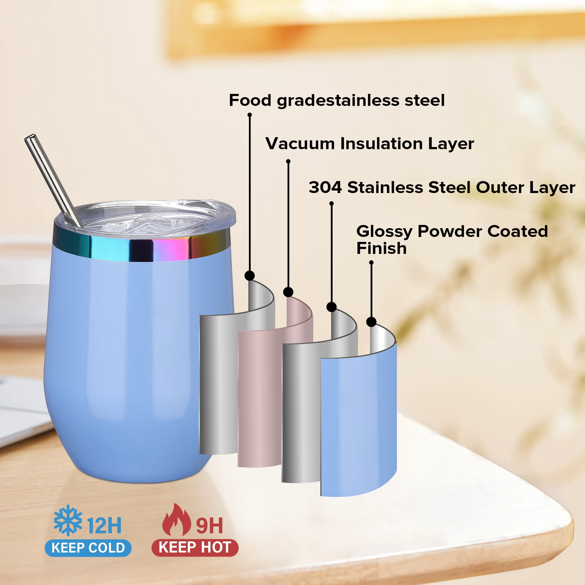 12 Pack 12 oz With Cap Stainless Steel Insulated Stemless Double Wall Vacuum Wine Glass, for Laser Engraving Gifts, 6 Colors view 4