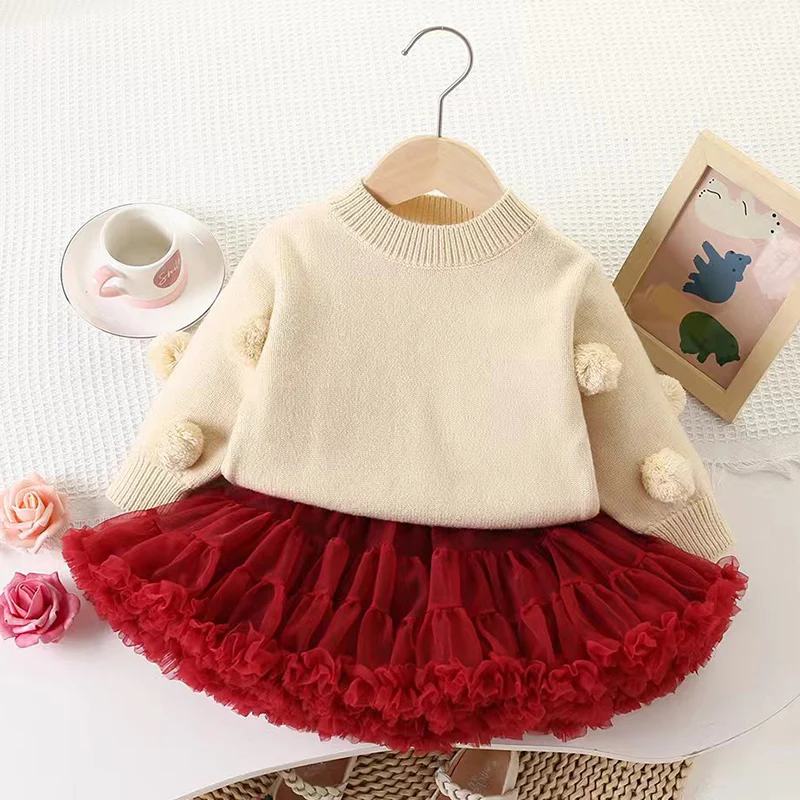 2026 New Spring 2-6Yrs Children Clothes Set Christmas Baby Girl Knitted Clothes Suit Long Sleeved Knitted Pullover+Short Skirt