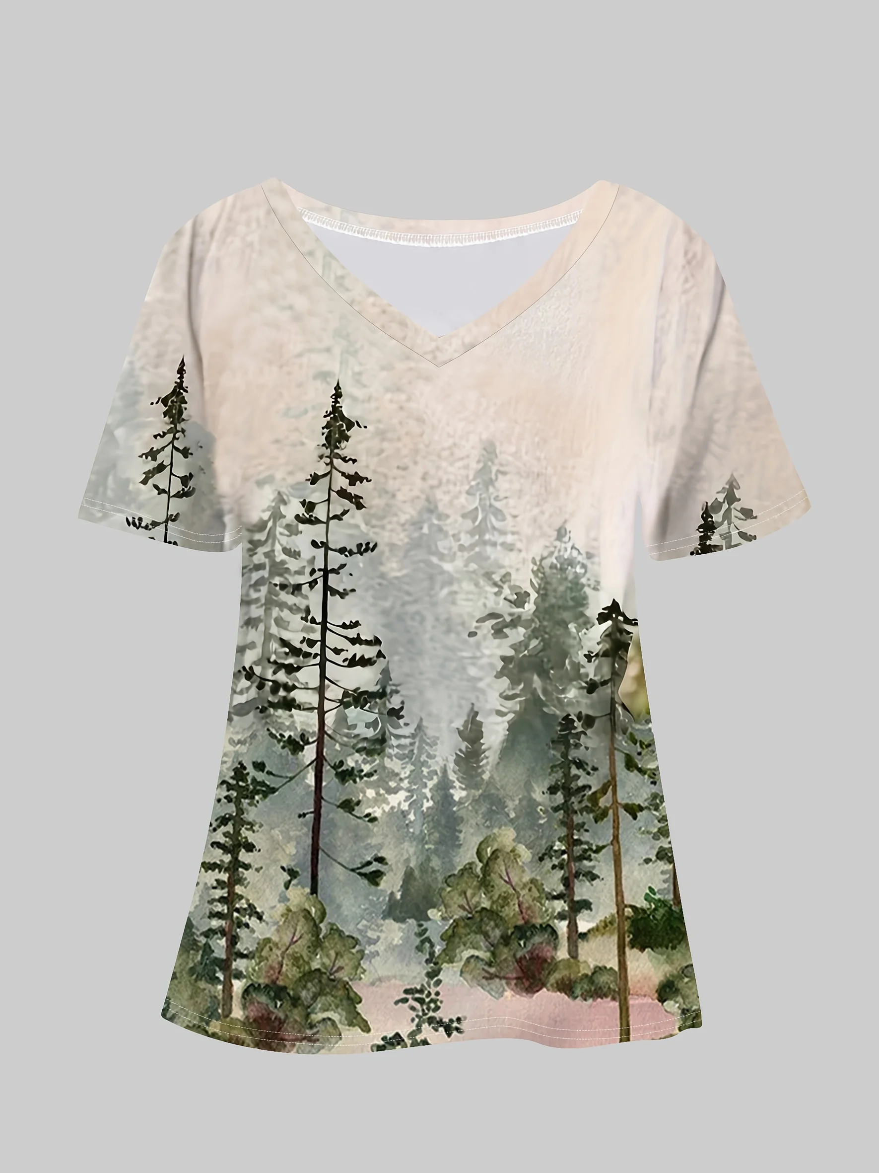 Women V Neck Short Sleeve T-Shirt Watercolor Pine Forest Print Casual Loose Outdoor Summer Tops