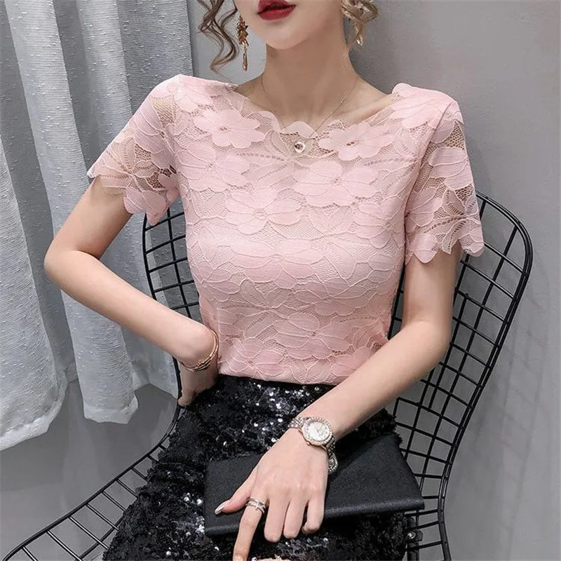 Elegant Sexy Chic Lace Slim Solid Short Sleeve Office Lady Basic Tops Summer Korean Fashion Women\'s O Neck T-shirts Clothing2023