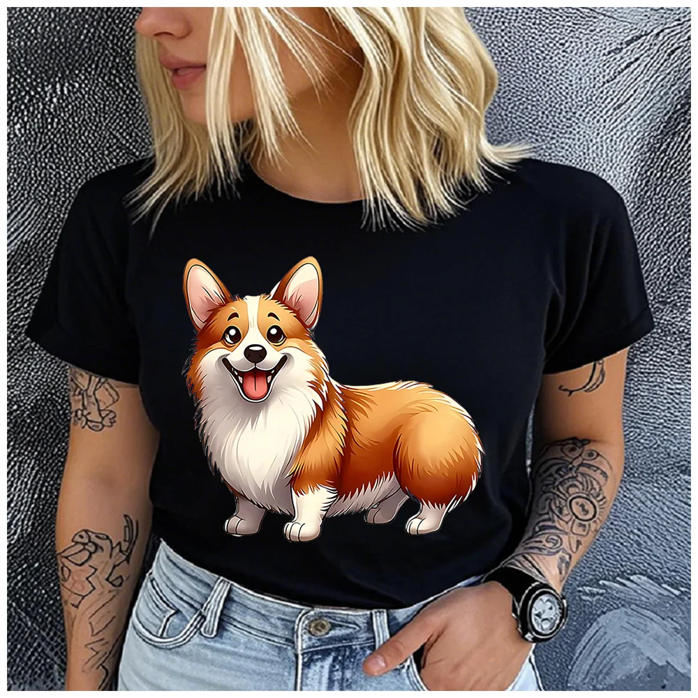 Cotton 100% Cartoon Happy Corgi Dog Graphic Women T-Shirt Fluffy Welsh Corgi Puppy Pet Owner Daily Casual Short Sleeve Top