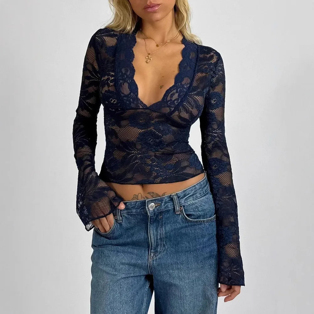 

Elegant Pure Hot Style Lace Long Sleeve Shirt Womens Sexy Deep V Neck Slim Fit Basic Tops for Fall Fashion Pure Desire Style