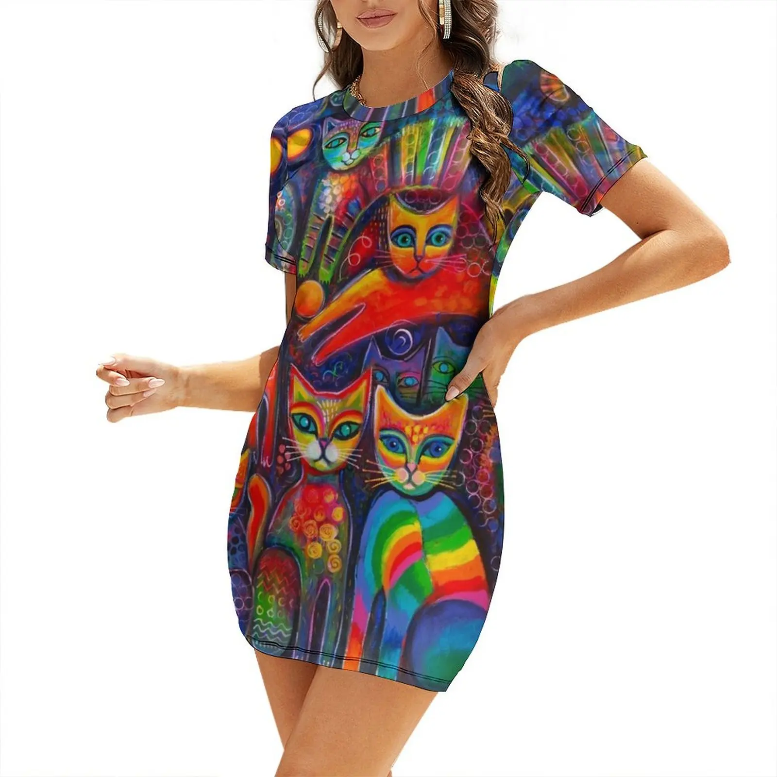 

Rainbow cats acrylics Short Sleeved Dress party dresses woman elegant guest wedding dress