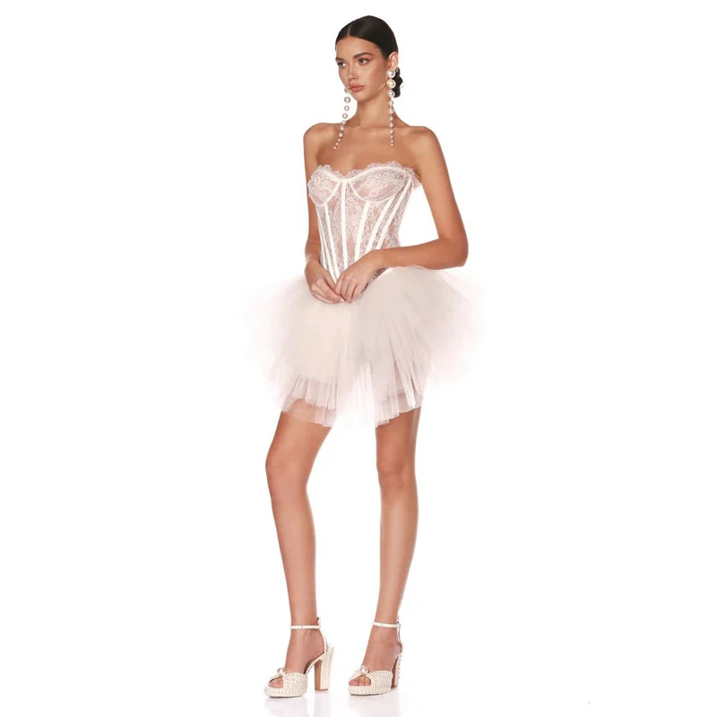 New fashion and sexy white strapless dress with a rope tied back, Women\'s temperament hem ruffled party dress