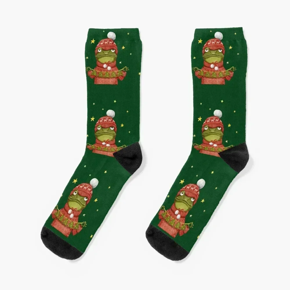 Mrs Frog is wishing Merry Christmas. Green background Socks winter Hiking boots Stockings Socks Woman Men's