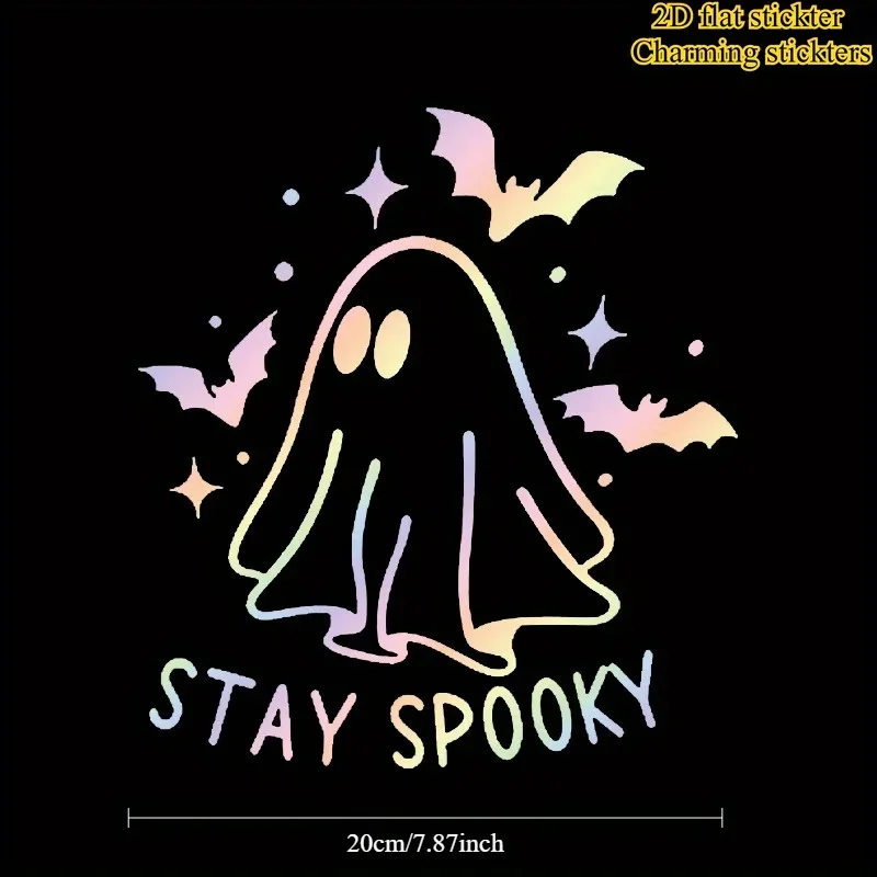 Stay Spooky Ghost Bat 2D Flat Vinyl Sticker, Spooky Halloween Decal for Car Rear Window Exterior Motorcycle Helmet Laptop Water