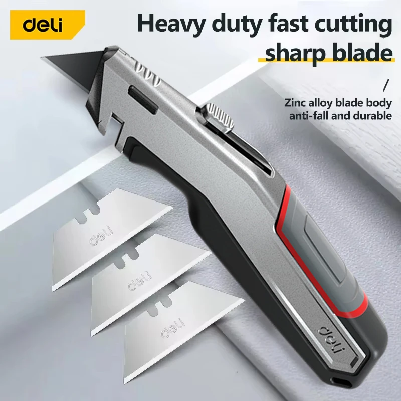 Deli Zinc Alloy Utility Knife Box Cutter Heavy Duty Retractable Cartons Cardboard and Boxes with Blade Storage Design