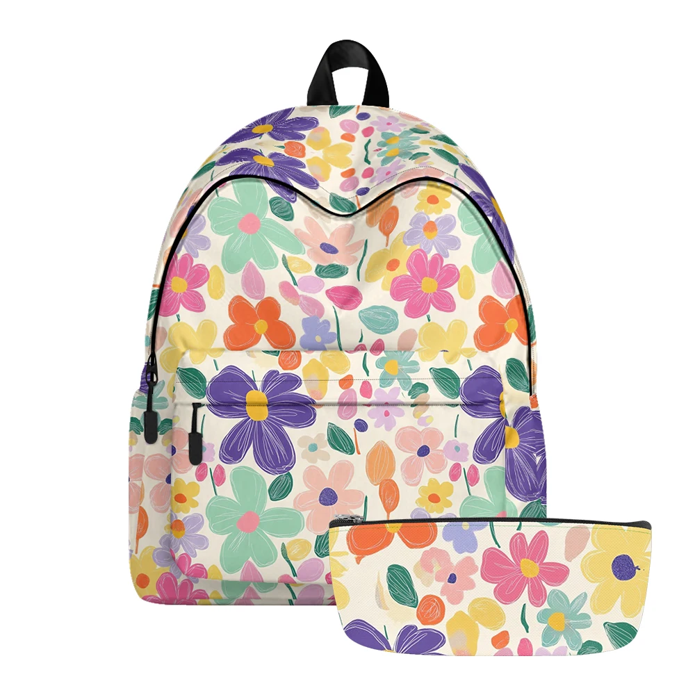Hand-drawn Floral Printed Backpack Pencil Bags Adjustable Straps Lightweight Durable School Bag Travel Daypack for Teens Sets