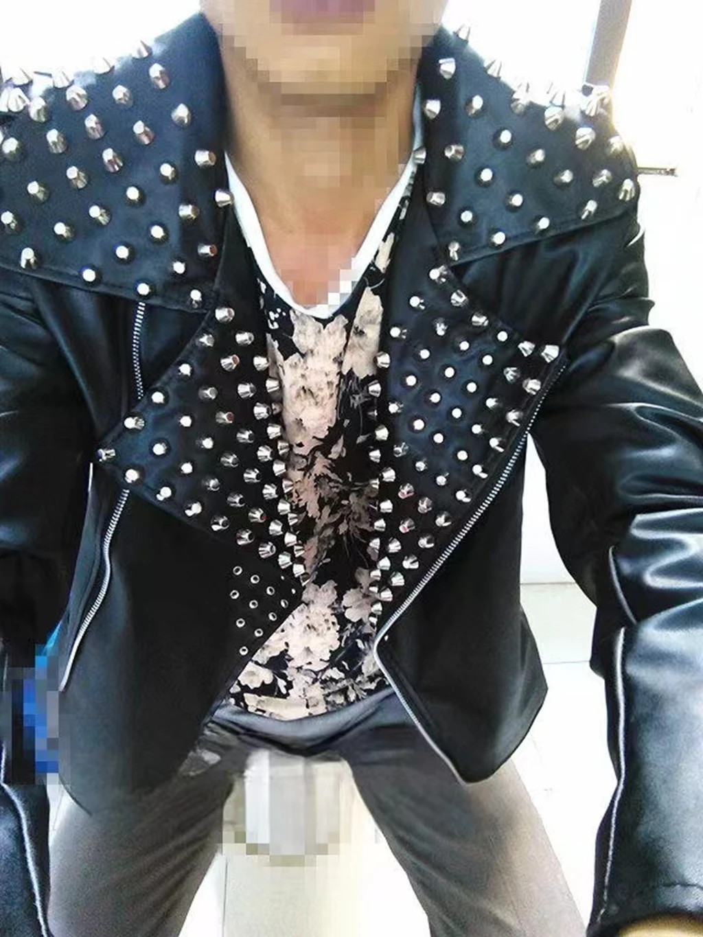 

New Fashion Men's Non Mainstream Rivet Leather Motorcycle Jacket Bar Singer Rock DJ Hip Hop Dance Stage Rave Performance Coat