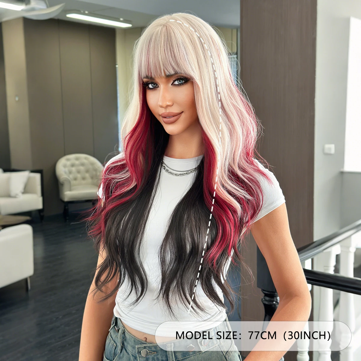 NAMM New Fashion Long Wavy Ash Wigs Natural Looking High Quality Red black layering Fiber Synthetic Wig for Women Daily Use