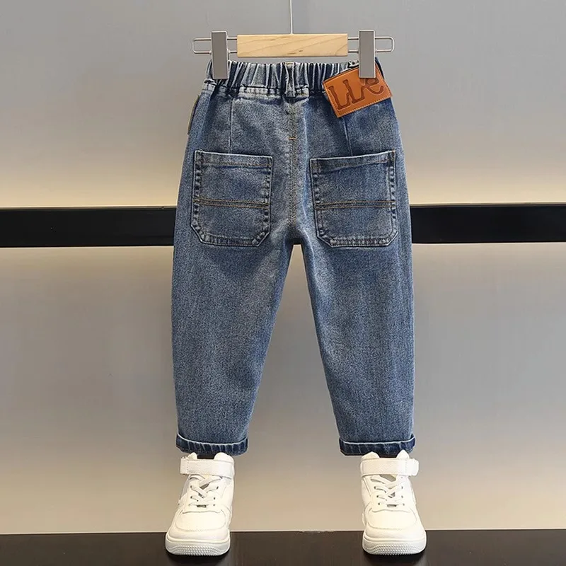 

Модные джинсы для мальчиков на флисовой подкладке, осенне-зимние, с высокой талией, прямые, молодежные, из смесового хлопка, с защитой от пятен