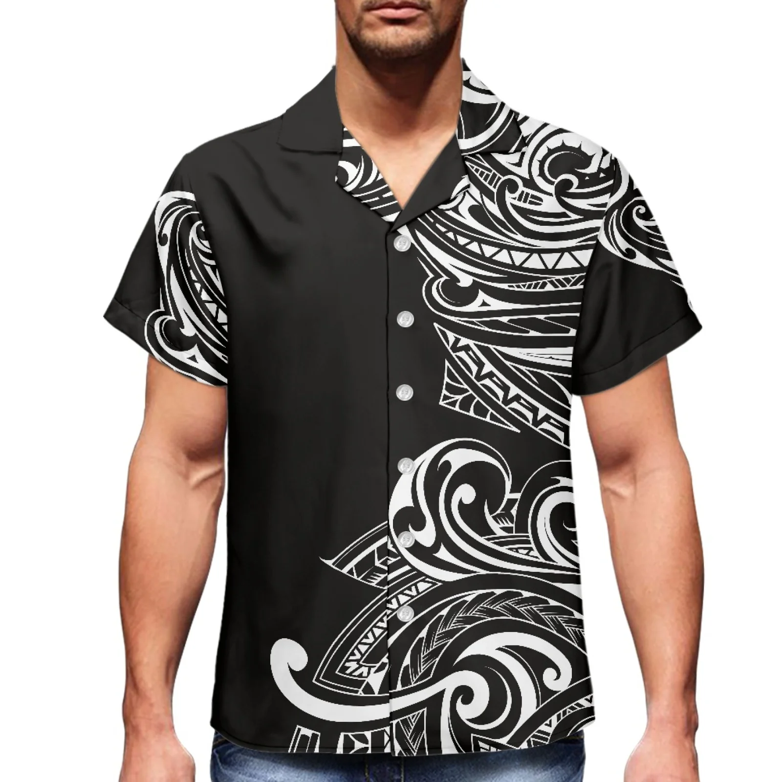 Half Nail Tattoo Traditional Tribal Print Polynesian 2023 Summer Men's Hawaiian Sport Shirt V-Neck Men's Short Sleeve Luxury