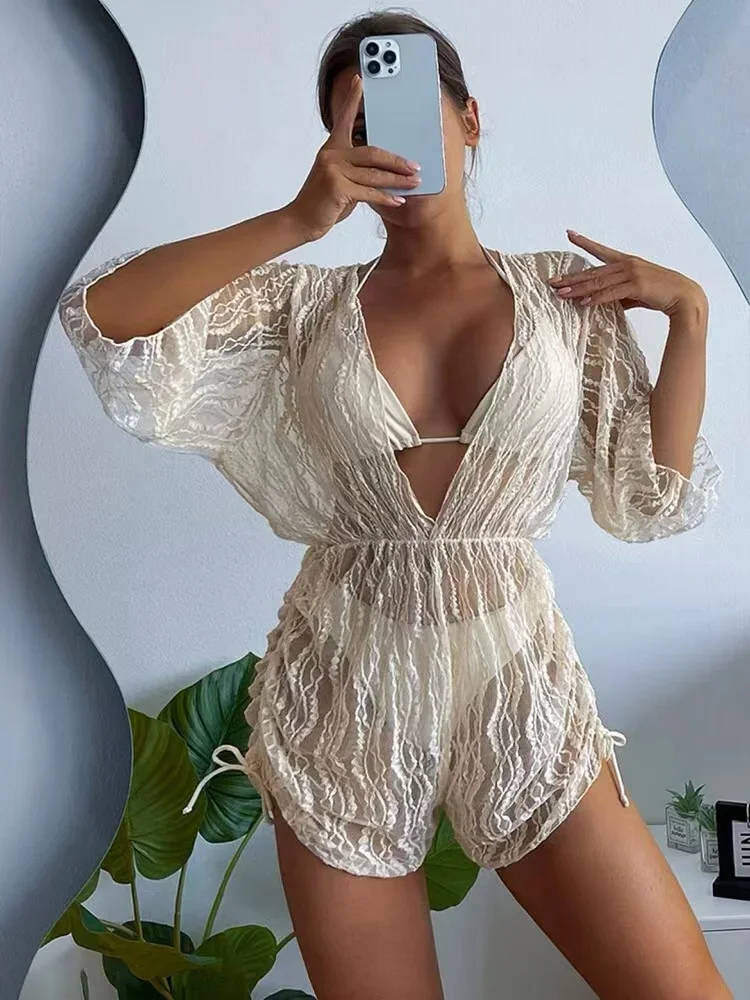 Biquíni oco de renda para mulheres, roupa de banho sexy, maiô feminino plissado para cobrir praia, roupa de banho brasileira, 3pcs, 2024