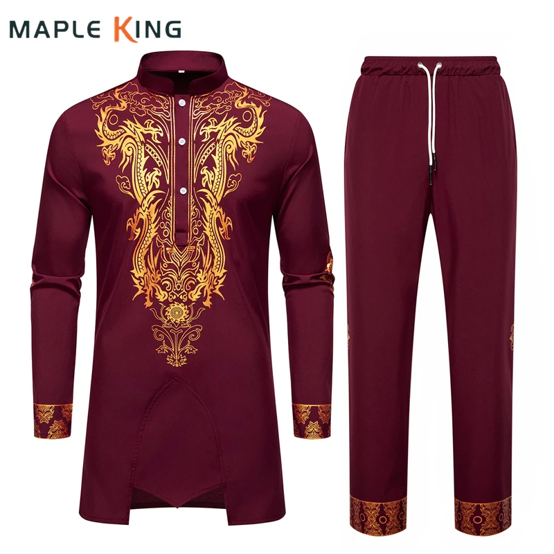 

Мужская одежда, мусульманские рубашки + брюки, комплект из 2 предметов, золотистая бронзовая африканская одежда с принтом для мужчин, комплекты костюмов с воротником-стойкой