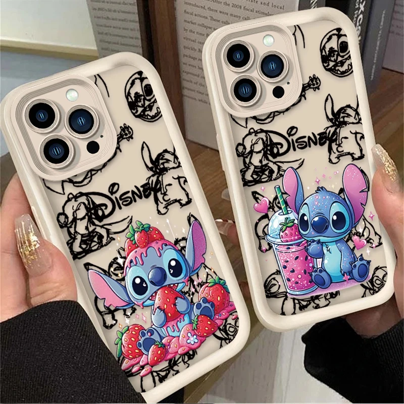 Disney Stitch Strawberry Cute Phone Case For iPhone 16 15 14 13 12 11 Pro Max X XS Max XR 12 13 Mini 8Plus Shockproof Soft Cover