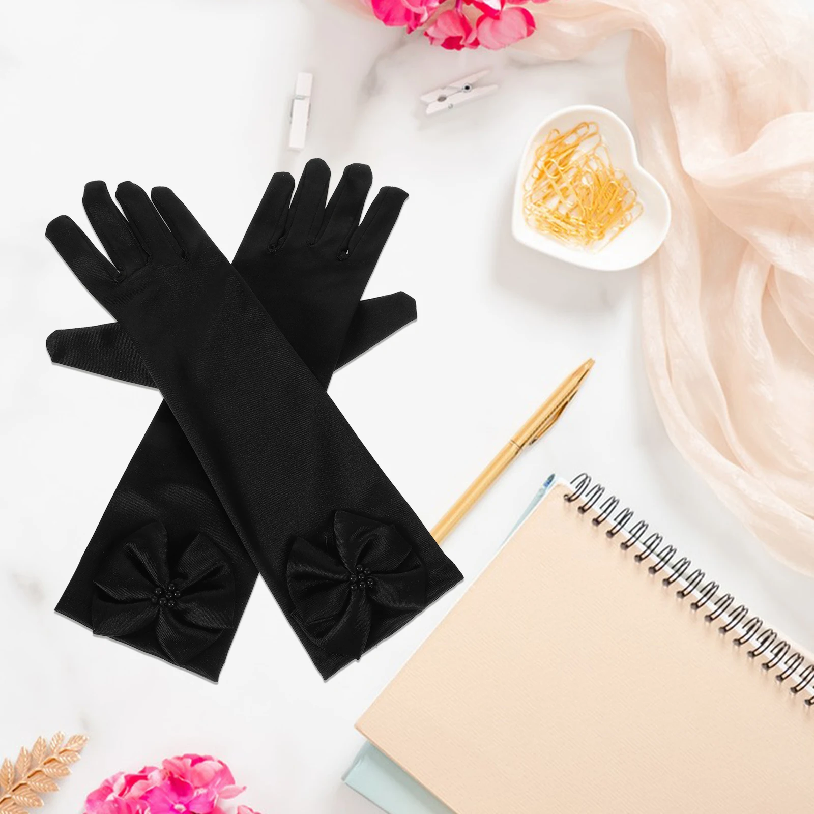 

1 Pair Kids Satin Dress Gloves Girls Warm Soft Comfortable Bowknot Flower Girl Winter Formal Wear Short Black Wedding