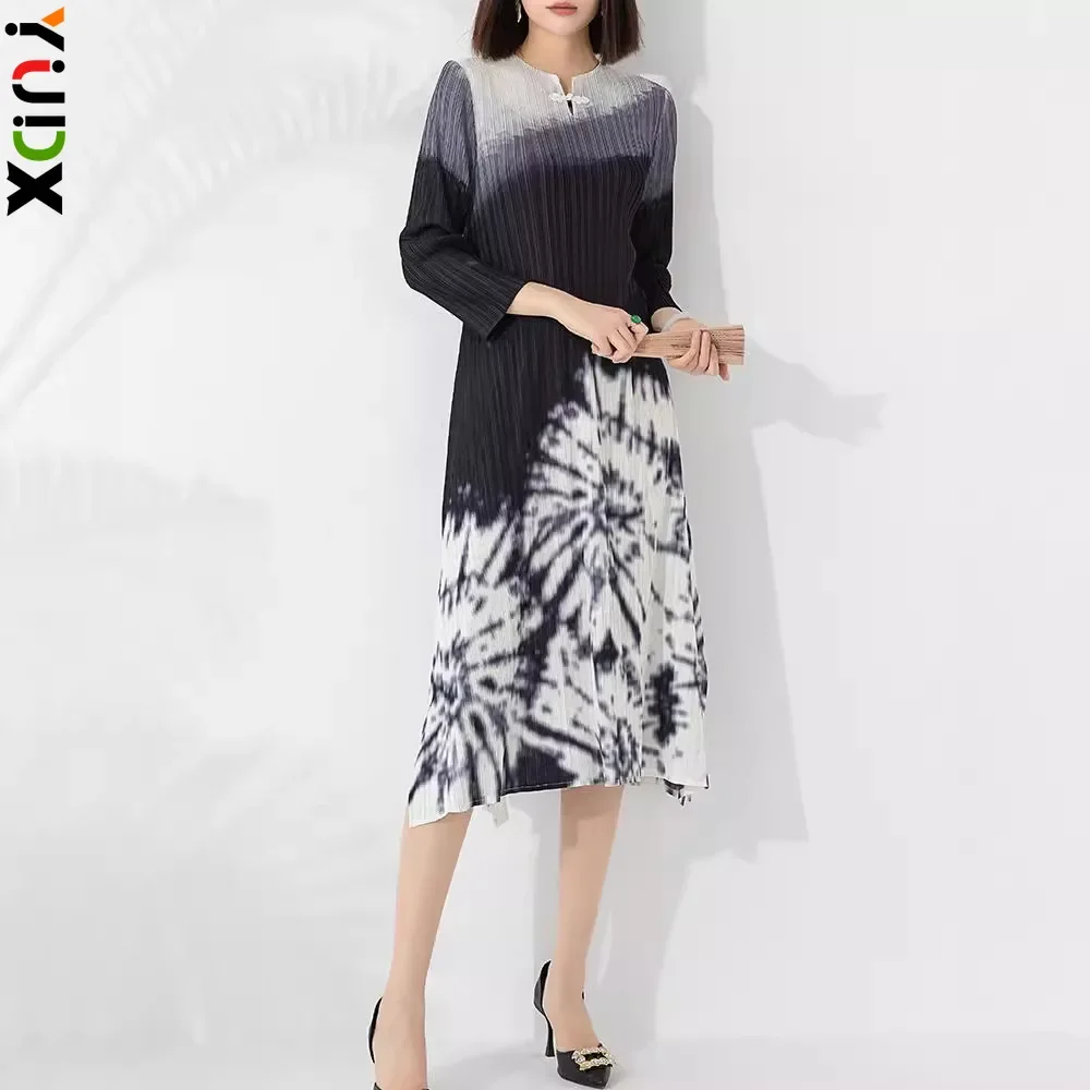 

YUDX Pleated Women's Printed Dress Vintage Large Size Loose Slim Fashion Temperament Commuter Medium Long 2024 Summer New