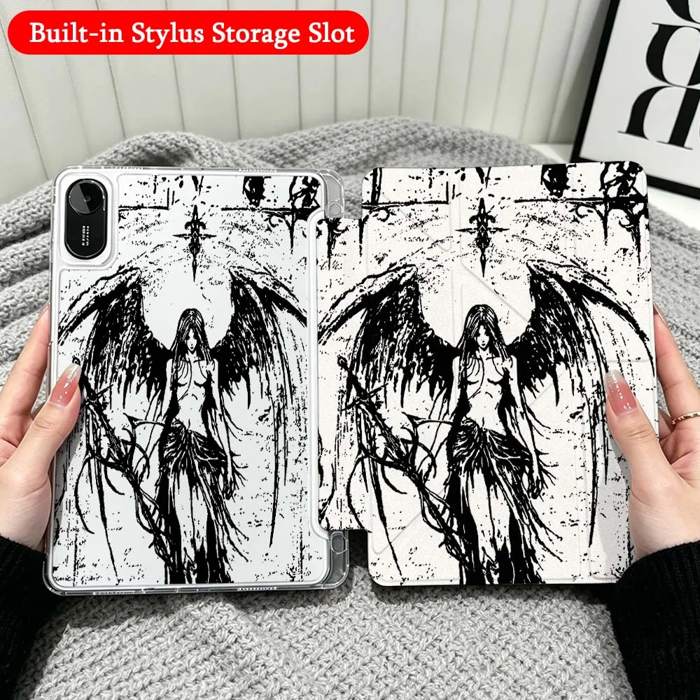 Luxury Angel Dark Art Case For Xiaomi Redmi Poco Pad 5 6 7 8 Pro SE 11 11.2 12.1 Inch Transparent Y-Shaped Folding Tablet