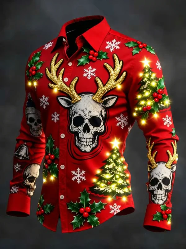 Gothic Christmas Skull Print Men's Long-Sleeve Shirt with Christmas Tree and Skull Print, Casual Fit for Christmas Celebrations
