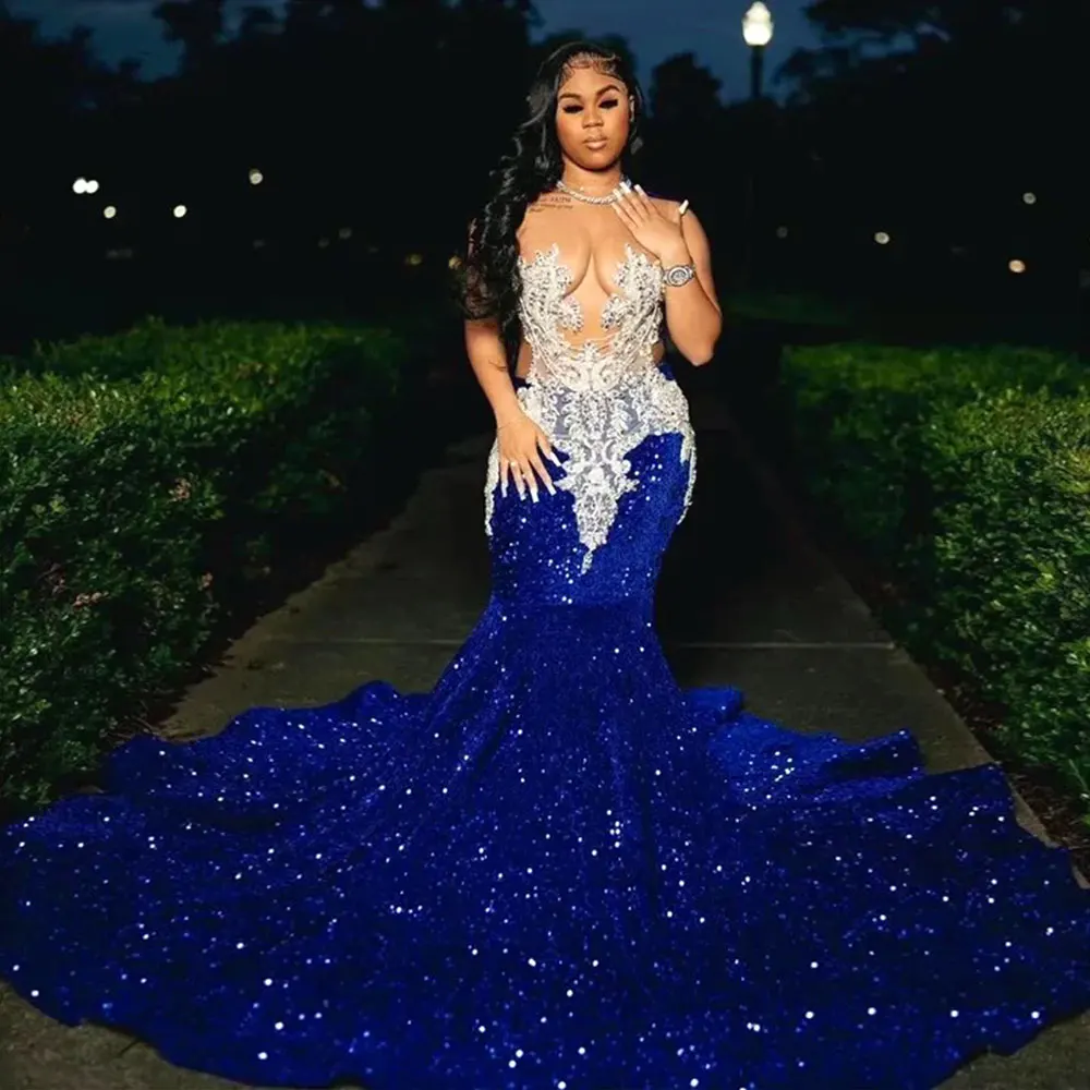 فساتين سهرة فاخرة بترتر لامع للنساء الأفريقيات مثير مطرز بالخرز حورية البحر للحفلات الراقصة طول الأرض فستان رسمي للحفلات الليلية