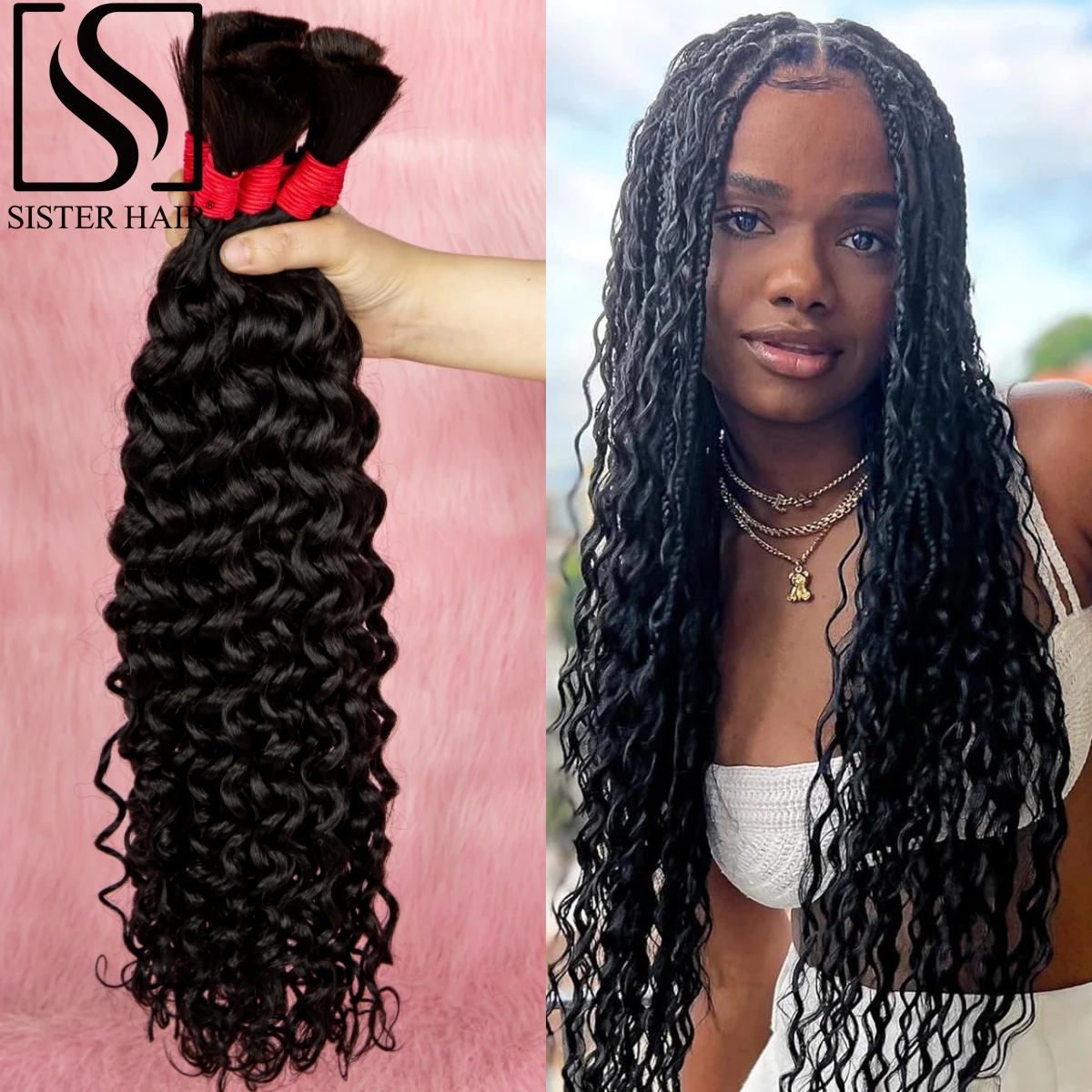 Onda de água extensões de cabelo para Boho tranças, sem trama cabelo humano, massa para trançar, encaracolado virgem, cor natural, 100% virgem, 28 polegadas