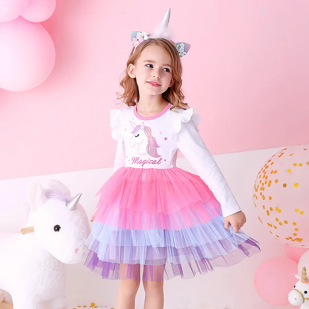 VIKITA Kids Princess Tutu Dress Girls Licorne Embroidery Flare Sleeve Dress Kids Autumn Spring Party Layered Tulle Prom Gown